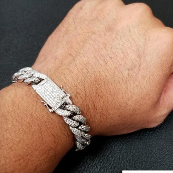 Sterling Silver 925 CZ Encrusted Miami Cuban Link Bracelet 11.5mm